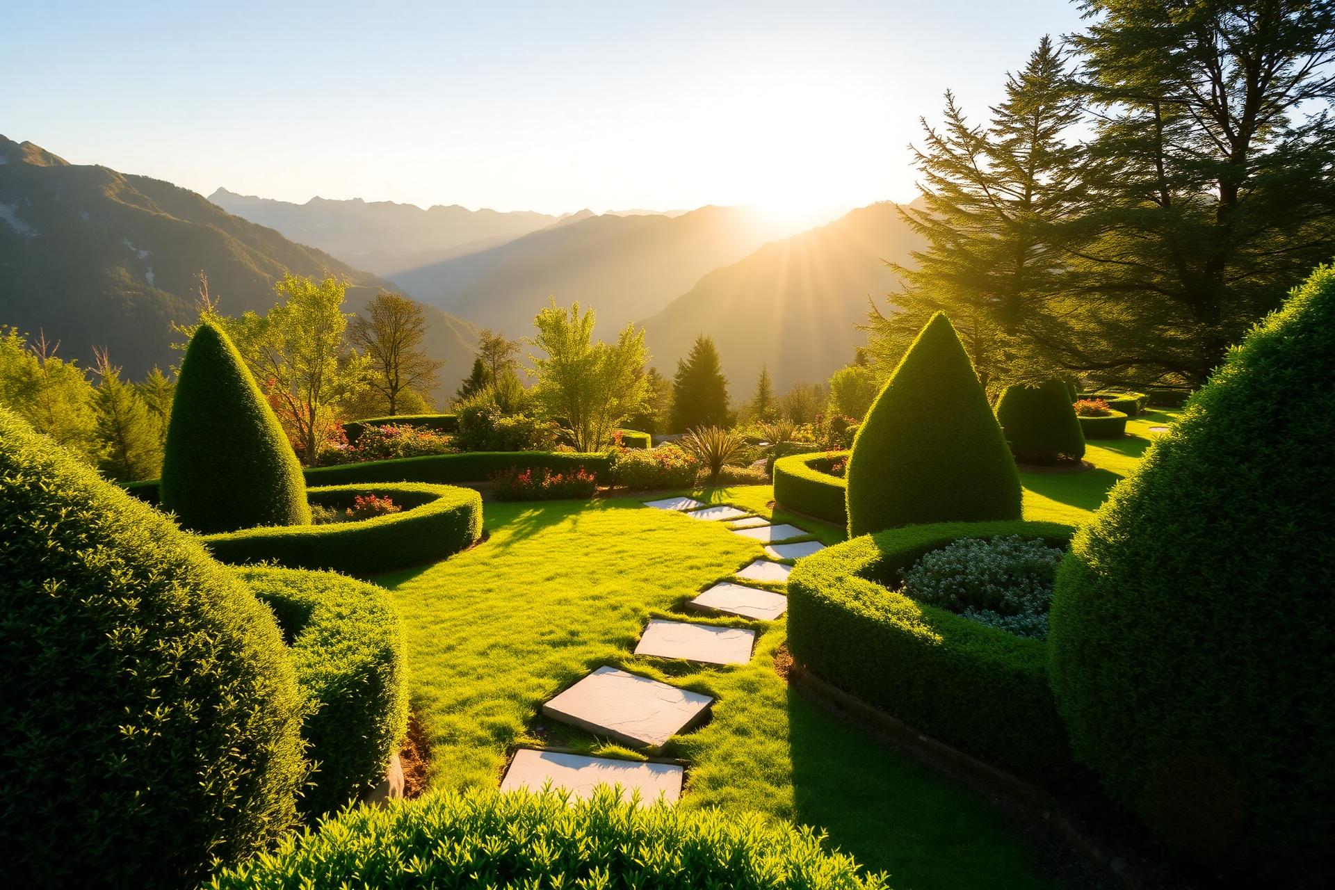 Jardin paysager lumineux face aux montagnes de Haute-Savoie